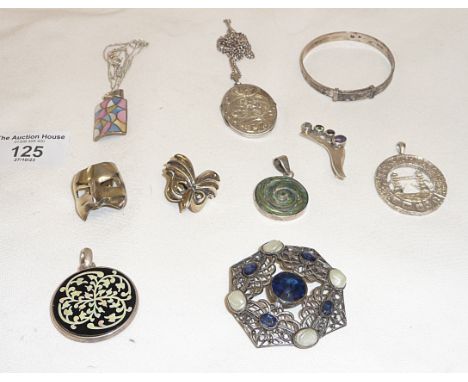 Group of silver jewellery items including enamel pendants
