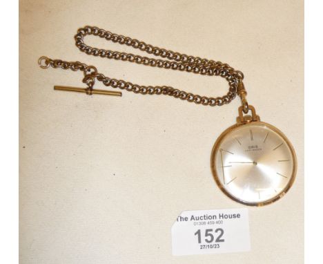 A gold plated "Oris" anti-shock pocket watch with rolled gold fob chain
