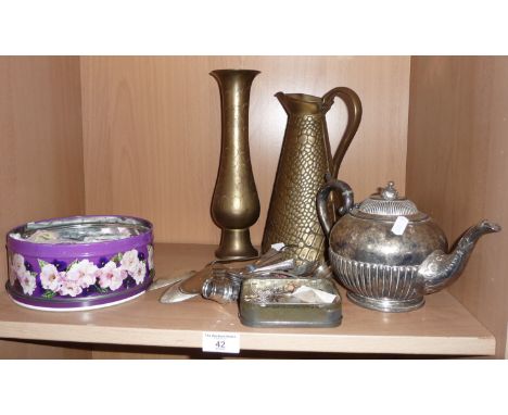 Enamel and other badges, silver plate teapot, brass jug