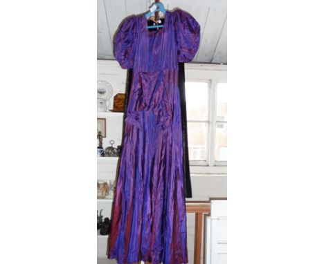 Vintage clothing - a purple satin evening dress, a ladies velvet cape and a hatbox