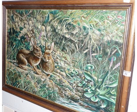 Large oil painting on canvas of rabbits by local artist M McLean, 23" x 33" including frame