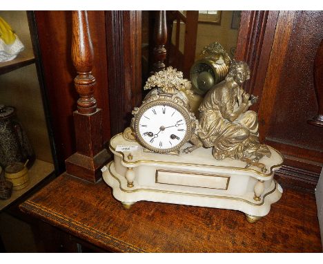 French mantle clock on marble base, surmounted by ormolu figure of a classical lady with lyre