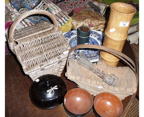 Fortnum &amp; Mason wicker hamper, lacquer bowls, blue and white china plates and other items