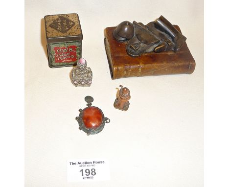 Equestrian paperweight. Crumpsall Crackers tin, carnelian, scent bottle and copper bishop figure