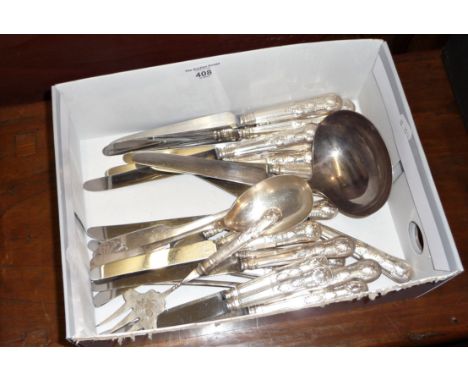 Quantity of silver plated knives, a soup ladle and a bread fork