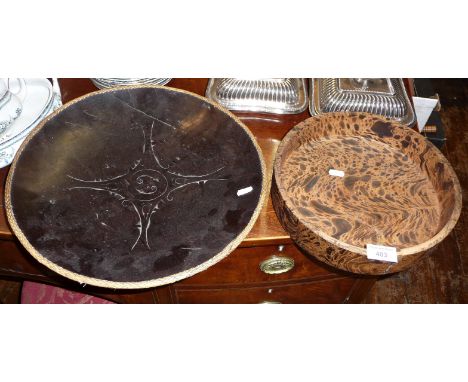Tribal Art: Polynesian carved platter and a marbled wood bowl (cracks to both)
