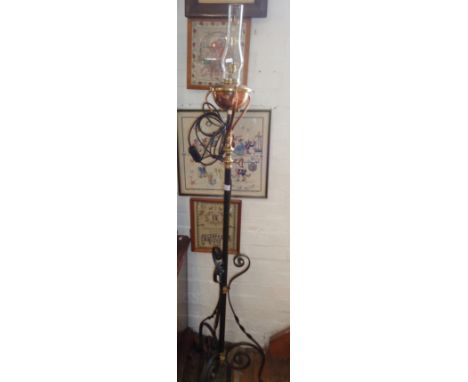 Victorian wrought iron standard oil lamp with copper reservoir (converted)