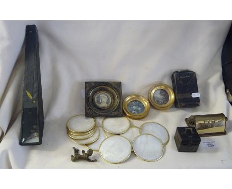 Box of assorted items, inc. desk calendar, Victorian travelling inkwell, small picture frames and a vintage kaleidoscope 