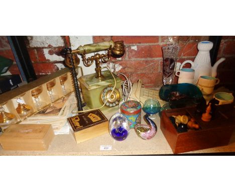 Assorted items, inc. chess and draughts set, paperweights, telephones, etc.