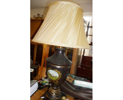 Urn shaped toleware table lamp with painted decoration of a racehorse with shade