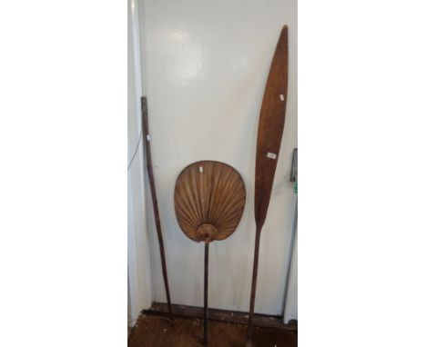 Tribal Art: African paddle, leather covered bow and large Asian bamboo chief's fan