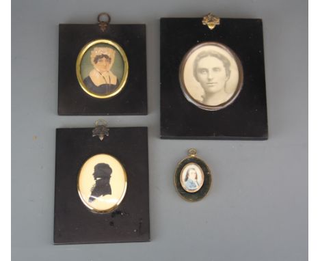 A handpainted portrait miniature brooch, together with three further miniature frames.