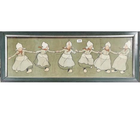 Cecil Aldin (British, 1870-1935): A framed 1930's print of Dutch girls dancing, frame size 109 x 42cm.