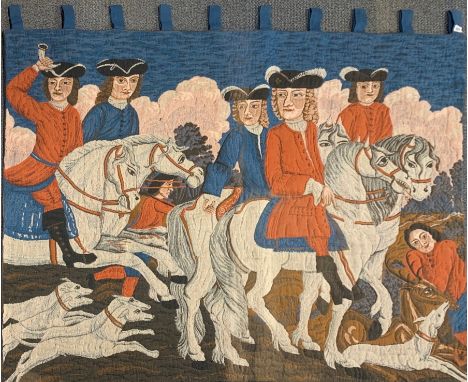 A large wall tapestry of a hunting scene, 172 x 120cm.