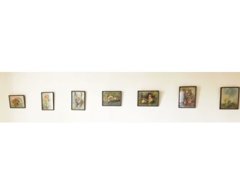 A set of seven framed art cards of flower fairies by Mili Weber (Swiss, 1891 - 1978), frame size 20 x 27cm.