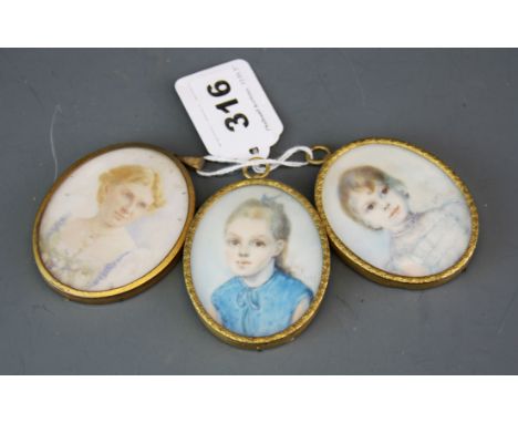 A group of three framed handpainted portrait miniatures, frame size 6.5 x 5.3cm.