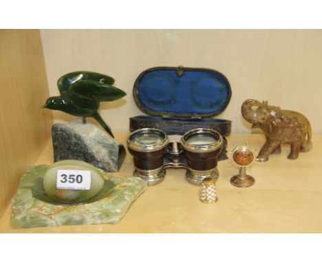 A pair of 19th century opera glasses, a Canadian jade bird figure and other items.
