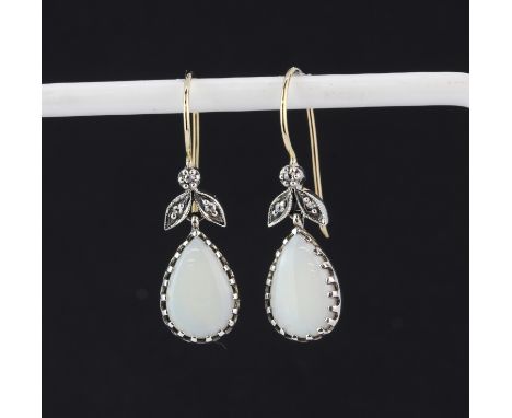 A pair of opal and diamond drop earrings with 9ct yellow gold fittings set in silver, L. 2cm.