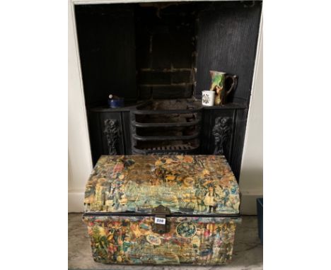 A decoupage decorated tin trunk, 59 x 38 x 39cm.