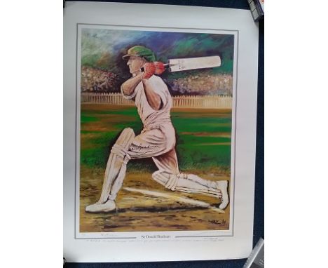 Sir Don Bradman signed colour Cricket Print 85 x 68cm. Artists proof from a J Hall painting of the. Good condition.  All sign