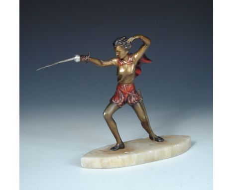 After Josef Lorenzl, a cold painted spelter model of a fencer, possibly a female version of Peter Pan, standing en garde, mou