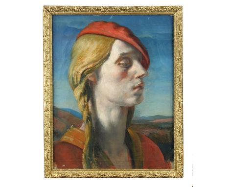 Modern British School (circa 1930s)  Portrait of a young man wearing a red beret in a Scottish landscape oil on canvas laid t