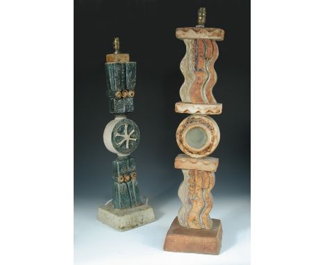 § Bernard Rooke, two sectional stoneware table or floor lamp bases, each of abstract design, impressed marks (2) 78cm (30in) 