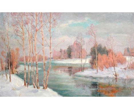 A K Venedyukhin (Russian, 20th Century) Russian lake in winter, signed lower right, oil on canvas, unframed, 35 x 55cm; and R