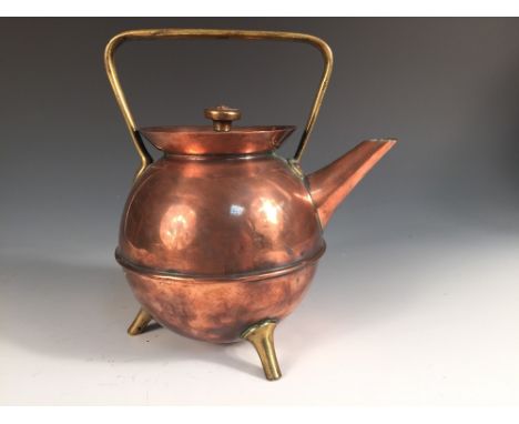 Dr Christopher Dresser for Benham & Froud, a copper and brass kettle, the globular body raised on three brass feet, stamped m