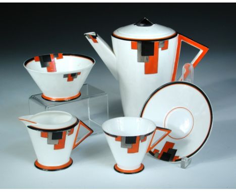 A Shelley Art Deco coffee set, comprising coffee pot, and cover, milk jug, sugar basin, six cup and six saucers, pattern numb
