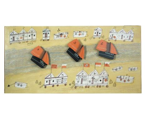 § John Maltby (born 1936), Beach Huts swingboat model, the Lady Emma, Lord Nelson and Cleopatra in the estuary lined with bea