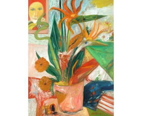§ John Bellany RA (British, 1942-2013) Spiky flowers with self-portrait signed lower right "Bellany" oil on canvas, unframed 