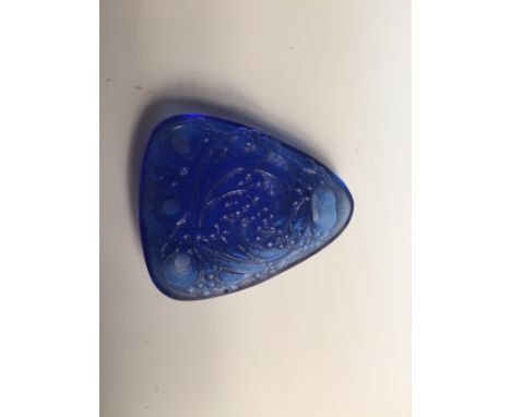 A Lalique berries pattern glass pendant, the pierced blue glass triangular form moulded with scrolling berries and foliage, u