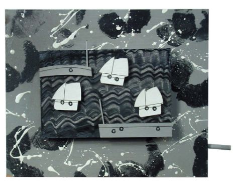 § John Maltby (born 1936), Yachts and Harbour, a painted automaton, with three boats within a harbour to a grey painted backg