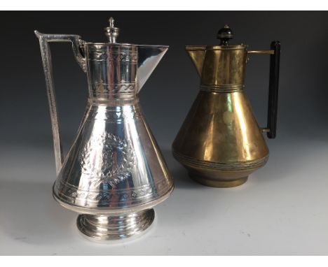 Attributed to Christopher Dresser, two similar lidded jugs, the first of electroplate for Walker & Hall, the second of brass 
