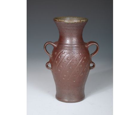 § Michael Casson (1925-2003) a stoneware vase, the brown glazed vessel with twin loop handles and incised decoration, impress