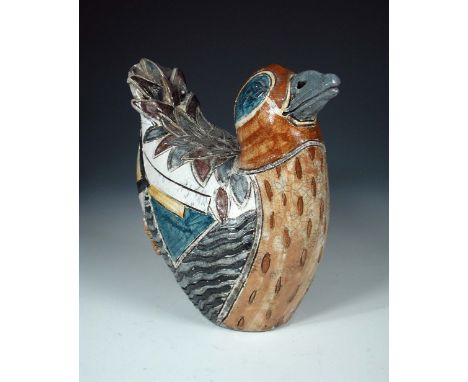 Jennie Hale, a Raku glazed studio pottery model of a Mandarin duck, incised signature to base 24 x 24cm (9 x 9in)  