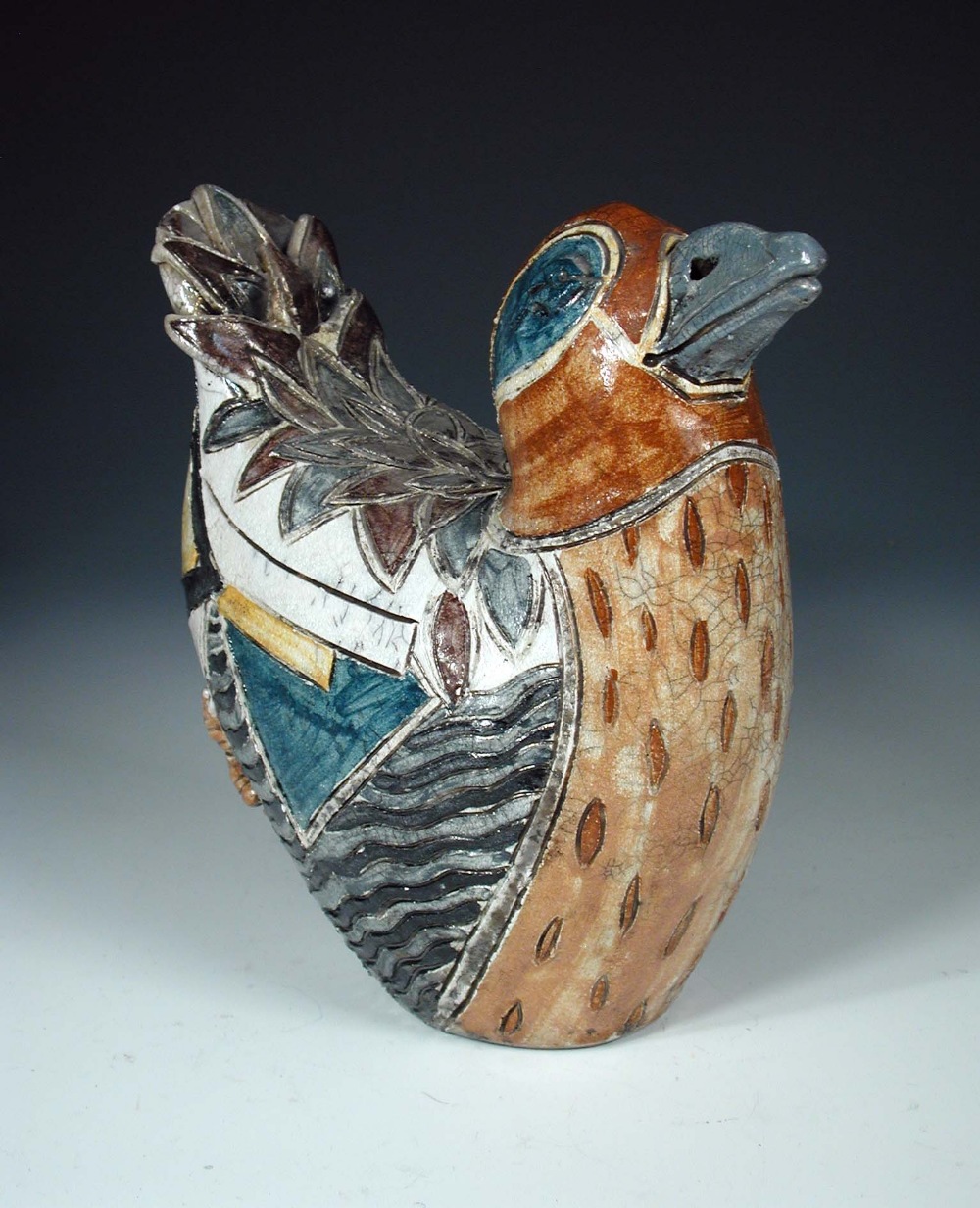 Jennie Hale, a Raku glazed studio pottery model of a Mandarin duck ...