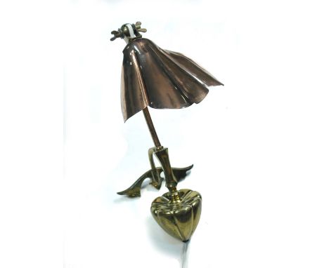W.A.S. Benson, a copper and brass counterweighted lamp, with adjustable scalloped copper shade, stamped marks 33cm (13in)  