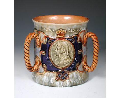 A Royal Doulton Lord Nelson commemorative tyg, with rope twist handles and portrait medallion, impressed and incised marks 17
