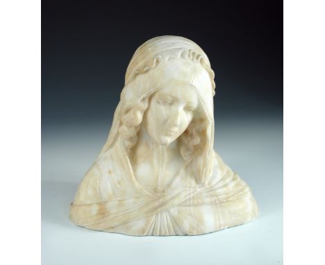 An alabaster bust of a pre Raphaelite lady, circa 1890, carved wearing a head scarf, unsigned 30 x 31cm (12 x 12in)  