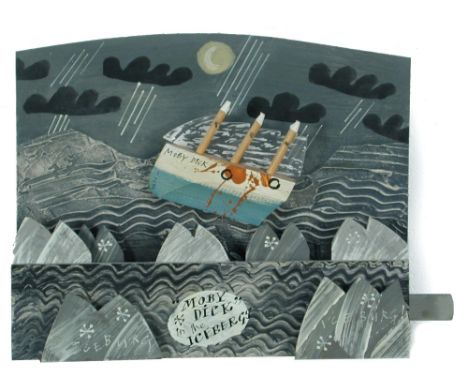 § John Maltby (born 1936), Moby Dick in the Icebergs, a painted wood automaton, the boat in choppy waters with icebergs, sign