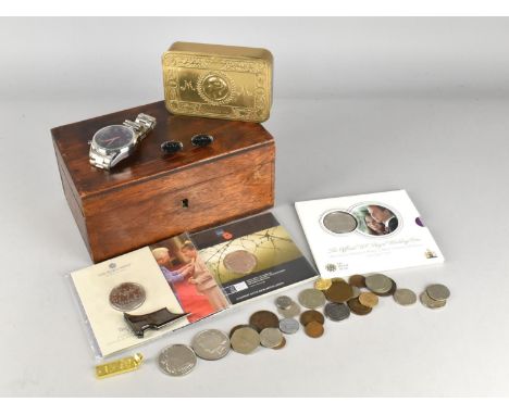 A Vintage Wooden Box Containing a Reproduction Princess Mary Christmas Tin, Coins, Wrist Watch, Etc 