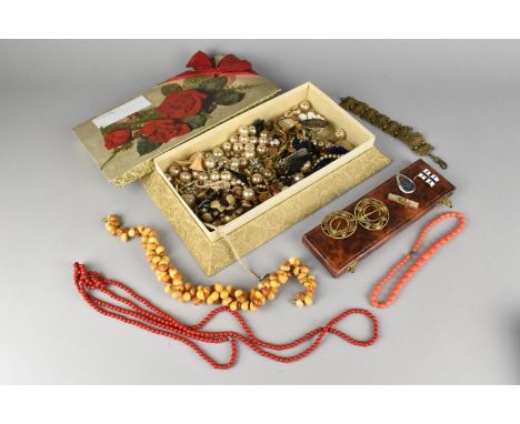 A Vintage Chocolate Box Containing Various Vintage Costume Jewellery to include Faux Pearls, Necklaces, Glass Beads Etc 