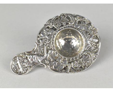 A Continental Silver Strainer Decorated in Relief with Cherubs and Maiden Playing Lyre, Marked 925 and Import Mark, 11cm long