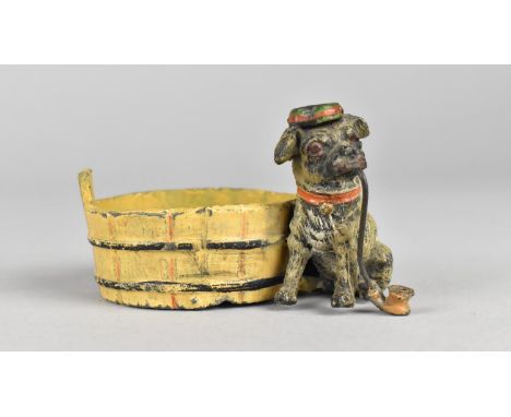 A Late 19th Century Novelty Cold Painted Austrian Spelter Dish in the Form of a Dog Smoking Pipe Seated by Barrel, 4.25cms Hi