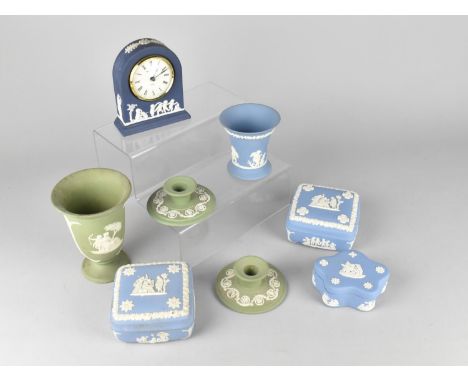 A Eight Pieces of Wedgwood Jasperware to Comprise Vases, Lidded Boxes, Mantle Clock etc 