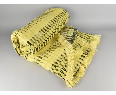 A Large Vintage Welsh Woollen Blanket in Yellow and Black with Geometric Pattern Decoration, In Need of Some Attention