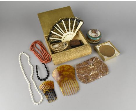 A Collection of Various 20th Century Ladies Dressing Table and other Vintage Items to include Hair Combs, Fan, Powder Compact