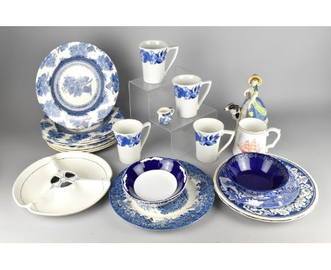 A Collection of Ceramics to Comprise Blue and White, Wedgwood Home Vintage Blue Plates, Portmeirion Harvest Blue Mugs, Spode 